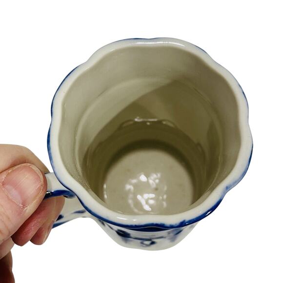 Vintage Russian Porcelain Mug Cobalt Blue & White Floral Unique Bird Handle - Picture 6 of 8